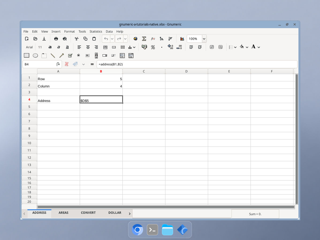 Gnumeric ADDRESS example showing selected formula and result