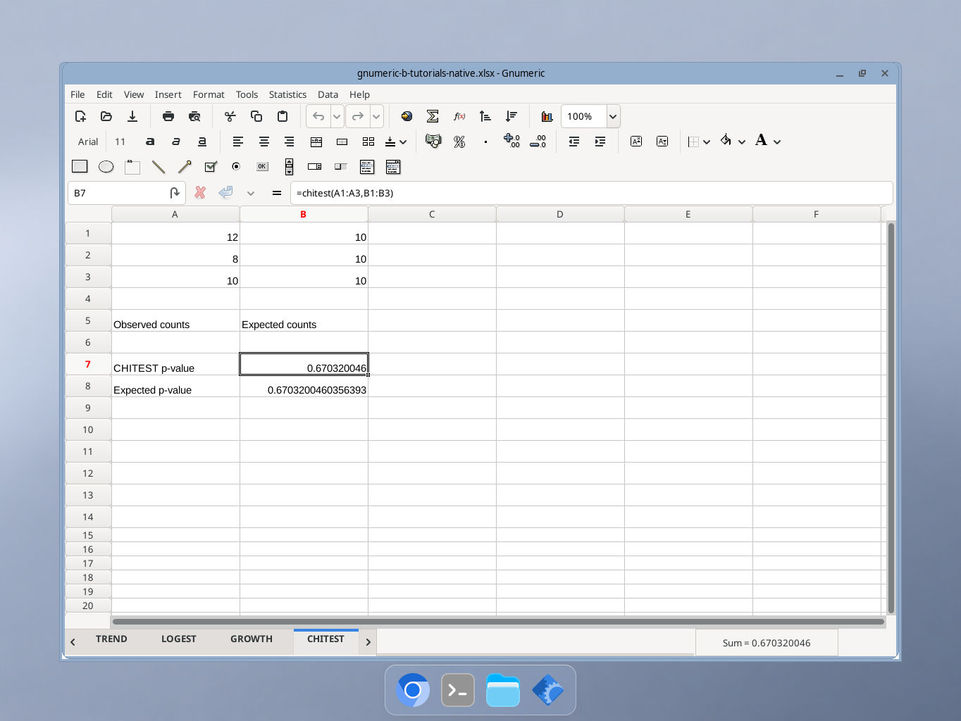 Gnumeric CHITEST example with formula bar and calculated result
