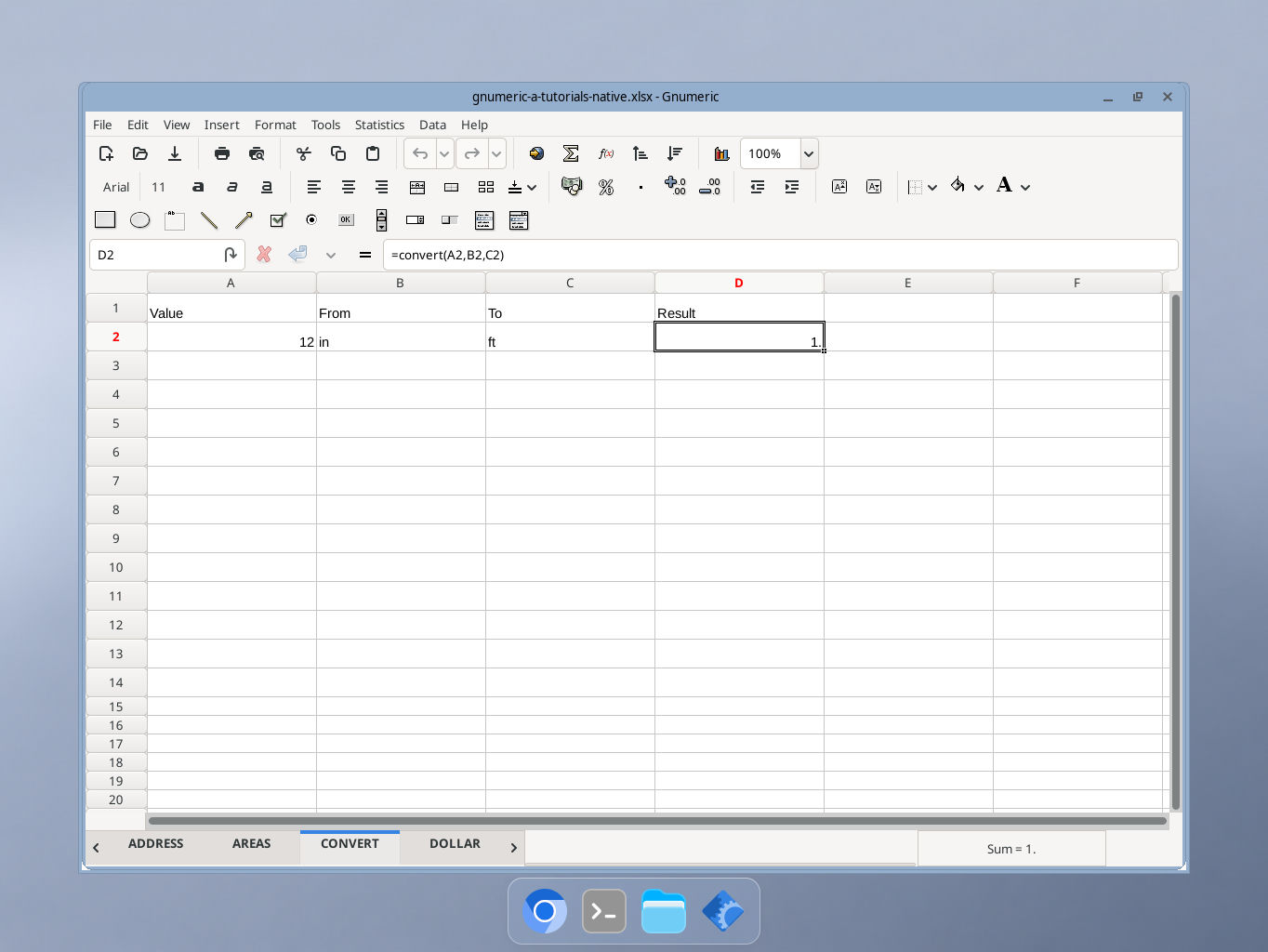 Gnumeric CONVERT example showing selected formula and result