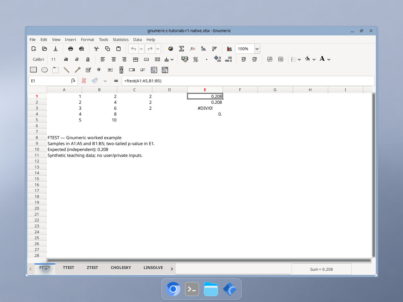 Gnumeric FTEST worked example with synthetic inputs, formula bar and calculated results