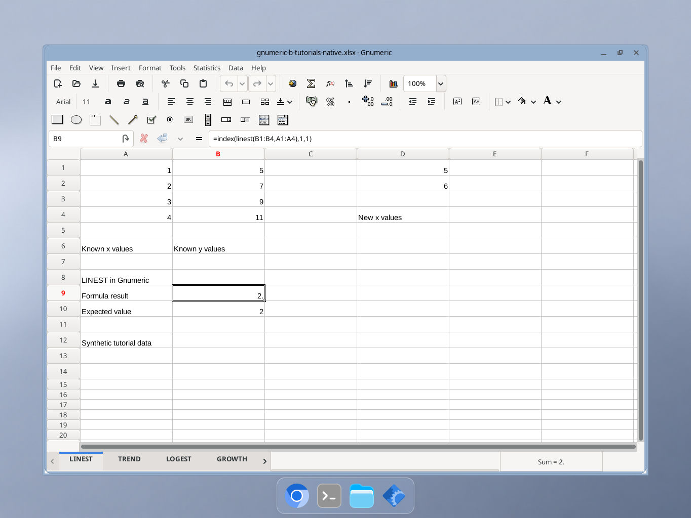 Gnumeric LINEST example with formula bar and calculated result