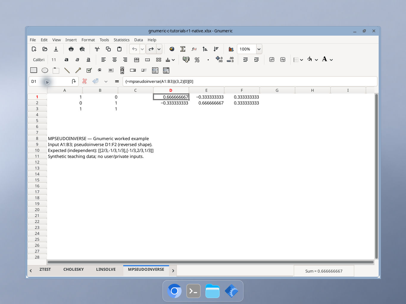 Gnumeric MPSEUDOINVERSE worked example with synthetic inputs, formula bar and calculated results