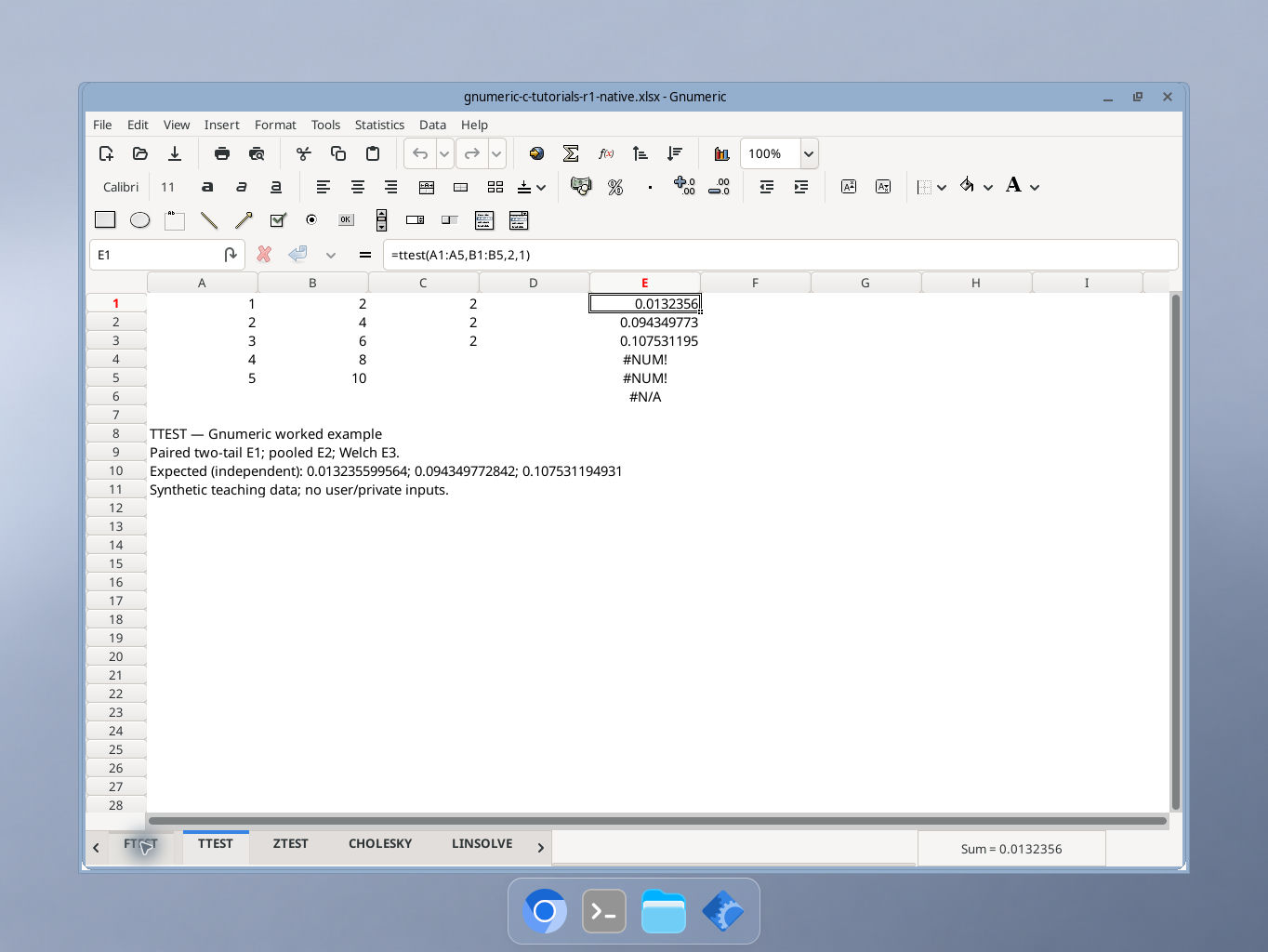 Gnumeric TTEST worked example with synthetic inputs, formula bar and calculated results