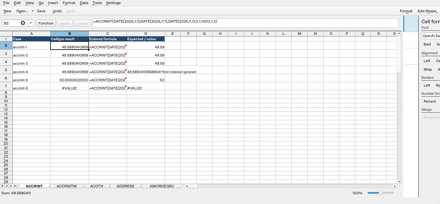 Calligra Sheets 25.04.2 ACCRINT worksheet with B2 selected, formula bar visible and result 49.5890410959