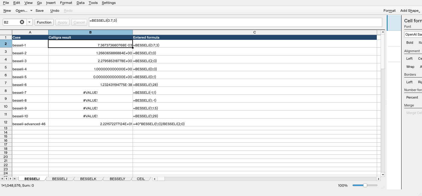 Calligra Sheets 25.04.2 executing BESSELI, with formula bar and native result column visible
