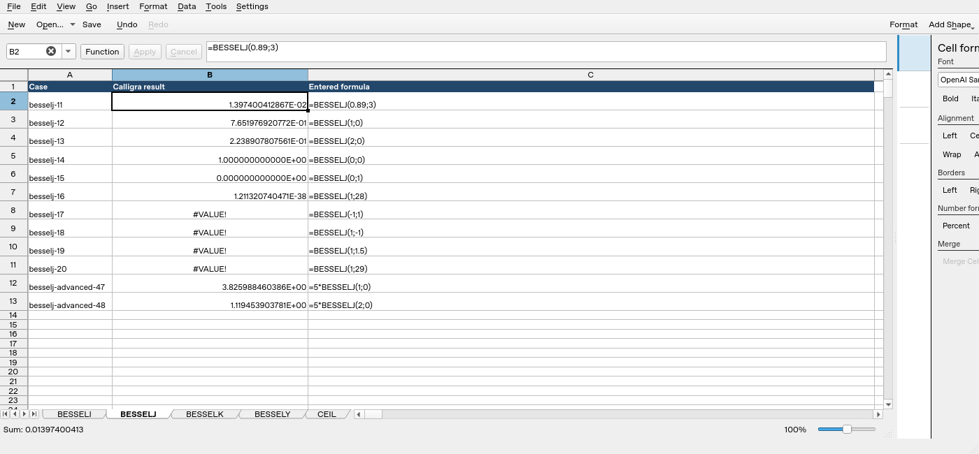 Calligra Sheets 25.04.2 executing BESSELJ, with formula bar and native result column visible