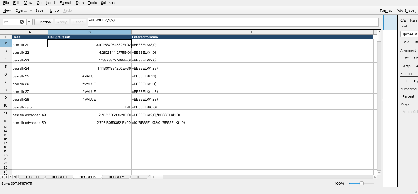 Calligra Sheets 25.04.2 executing BESSELK, with formula bar and native result column visible