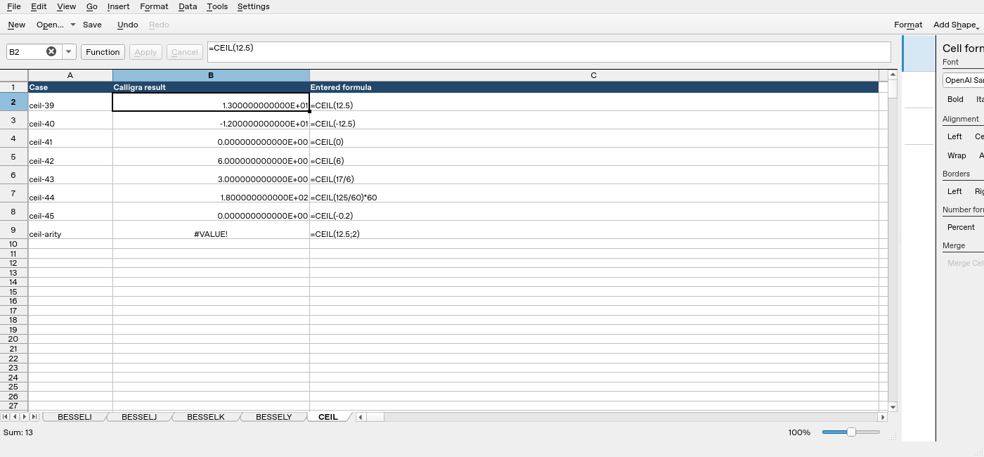 Calligra Sheets 25.04.2 executing CEIL, with formula bar and native result column visible