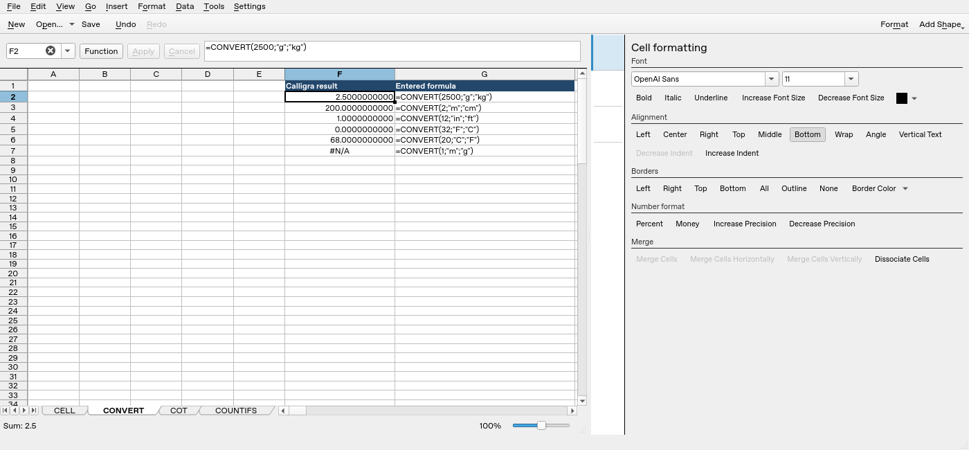 Calligra Sheets 25.04.2 CONVERT worksheet with F2 selected and formula bar visible