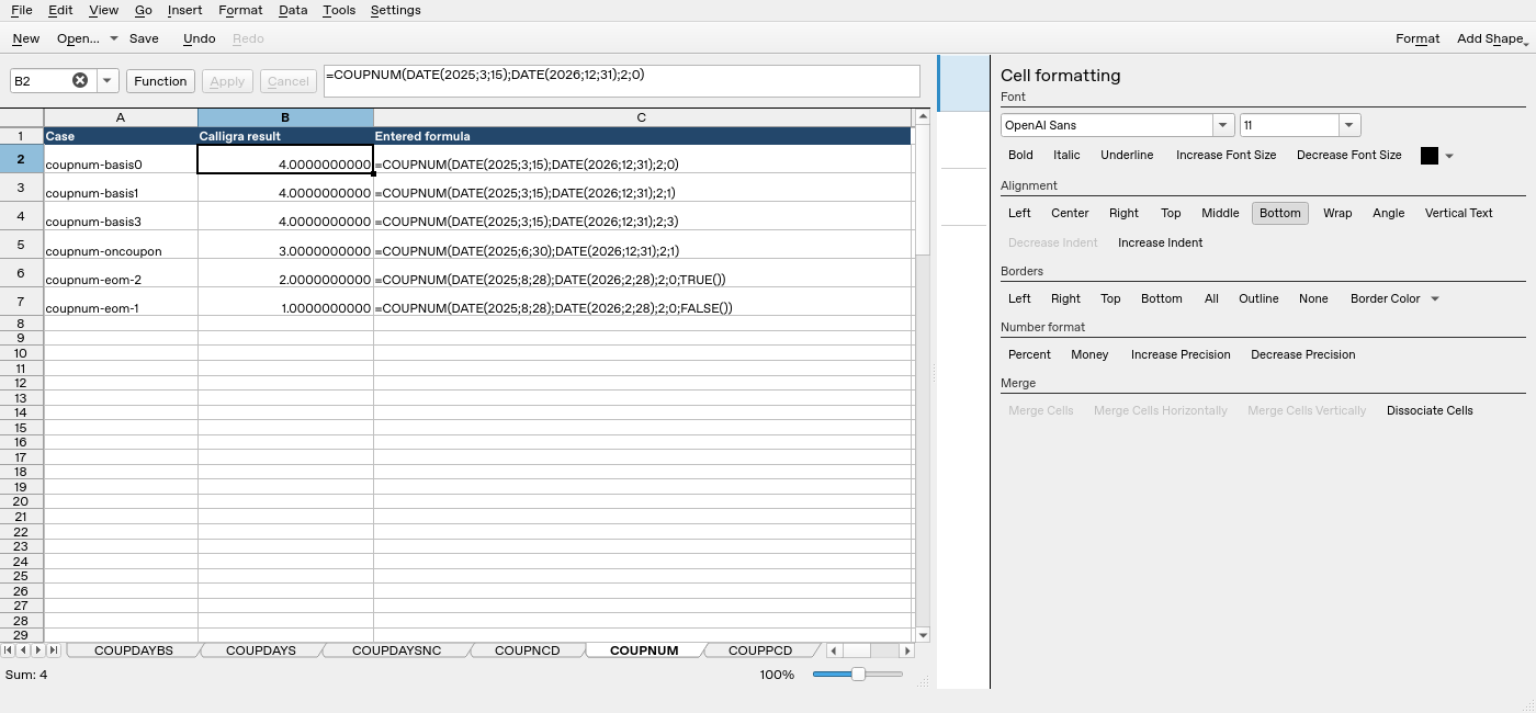 Calligra Sheets 25.04.2 showing COUPNUM in selected cell B2, result 4.0 and the complete formula in the formula bar