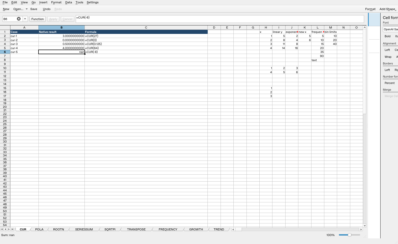 Calligra Sheets 25.04.2 showing CUR formulas and native calculated results