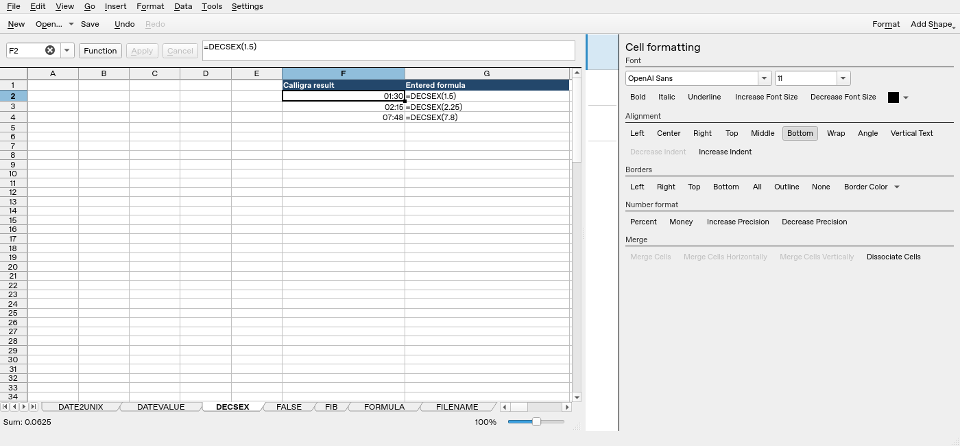 Calligra Sheets 25.04.2 DECSEX worksheet with F2 selected and its formula bar visible