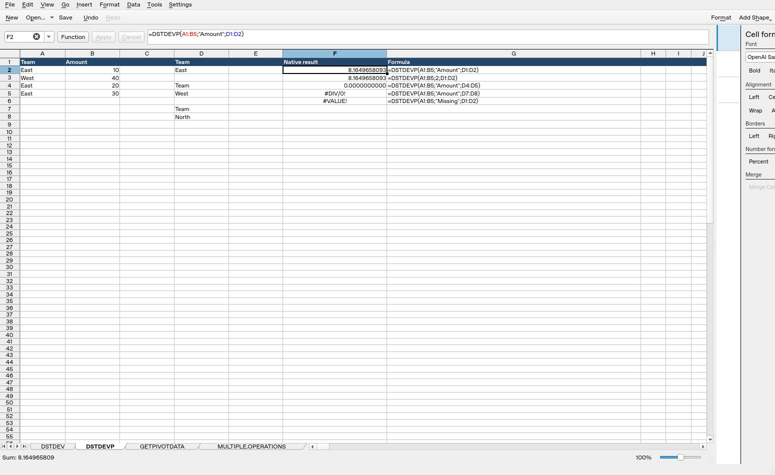 Calligra Sheets 25.04.2 DSTDEVP with F2 selected, inputs and native results visible