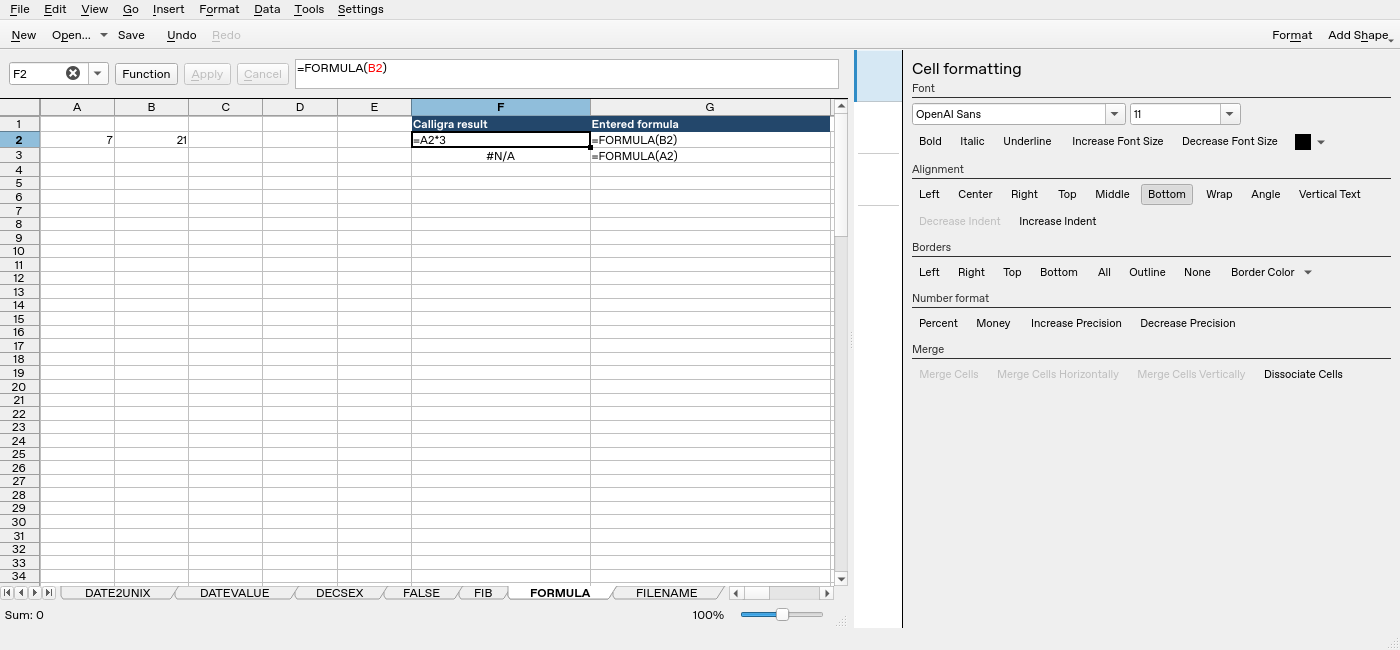 Calligra Sheets 25.04.2 FORMULA worksheet with F2 selected and its formula bar visible