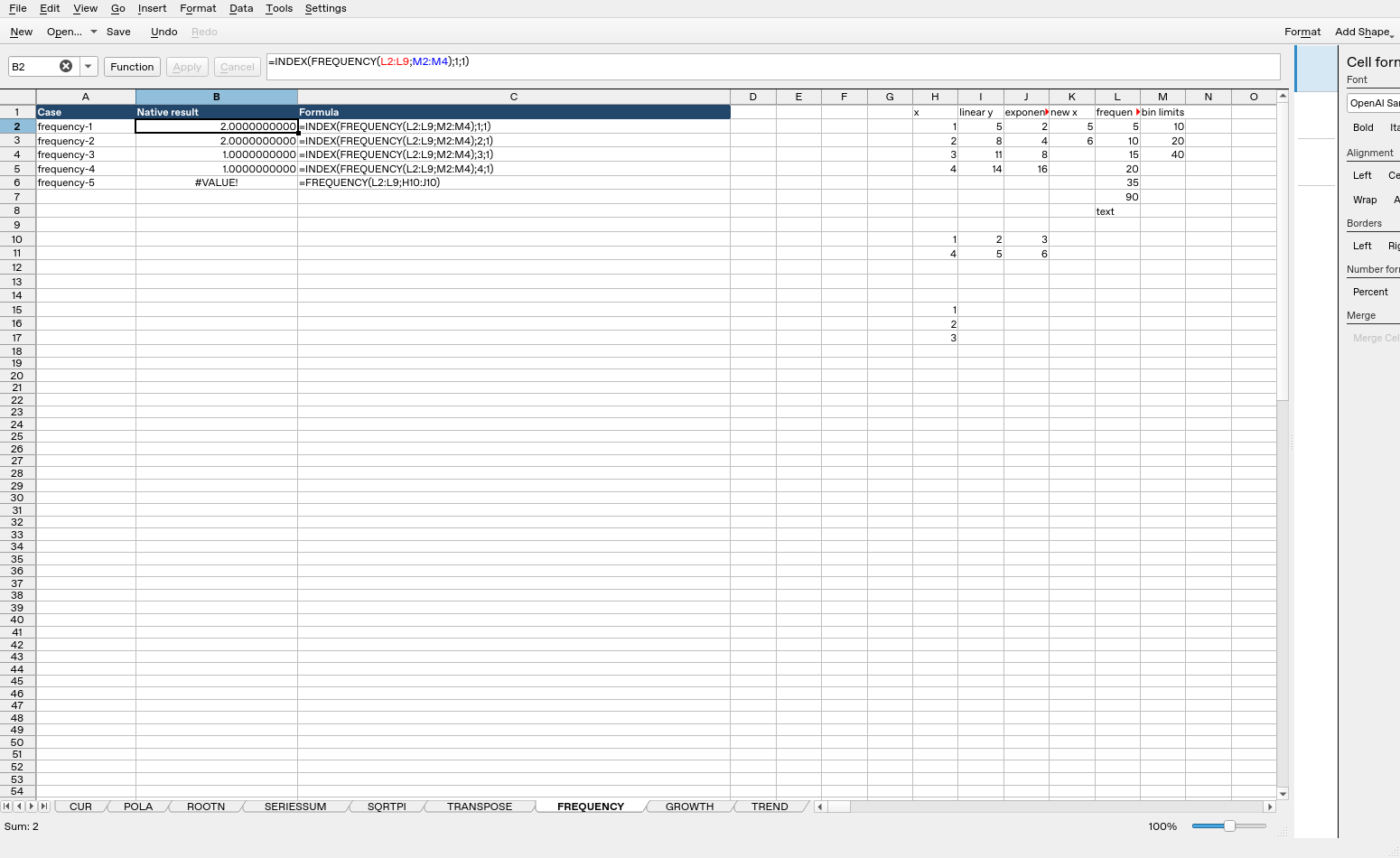 Calligra Sheets 25.04.2 showing FREQUENCY formulas and native calculated results