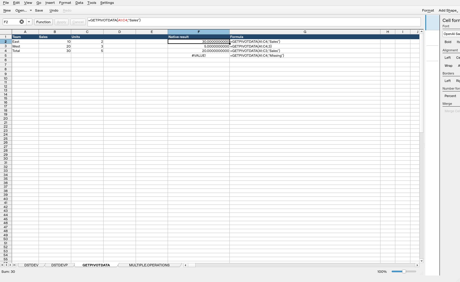 Calligra Sheets 25.04.2 GETPIVOTDATA with F2 selected, inputs and native results visible