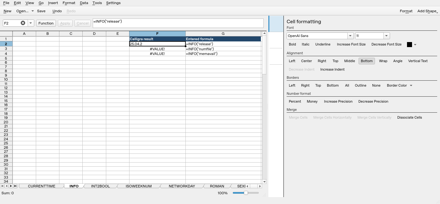 Calligra Sheets 25.04.2 INFO worksheet with F2 selected and its formula bar visible