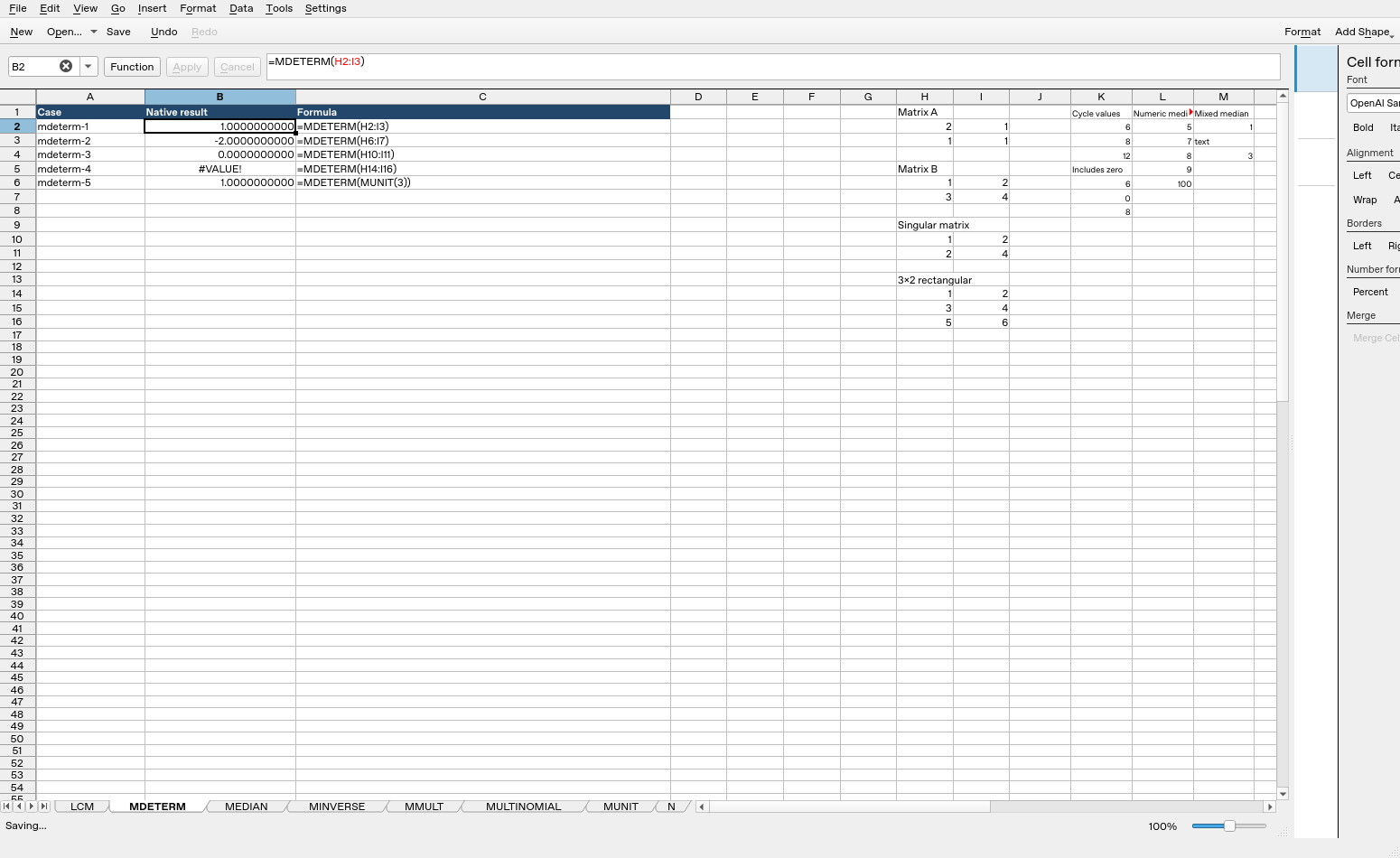 Calligra Sheets 25.04.2 showing MDETERM formulas, input cells and native results