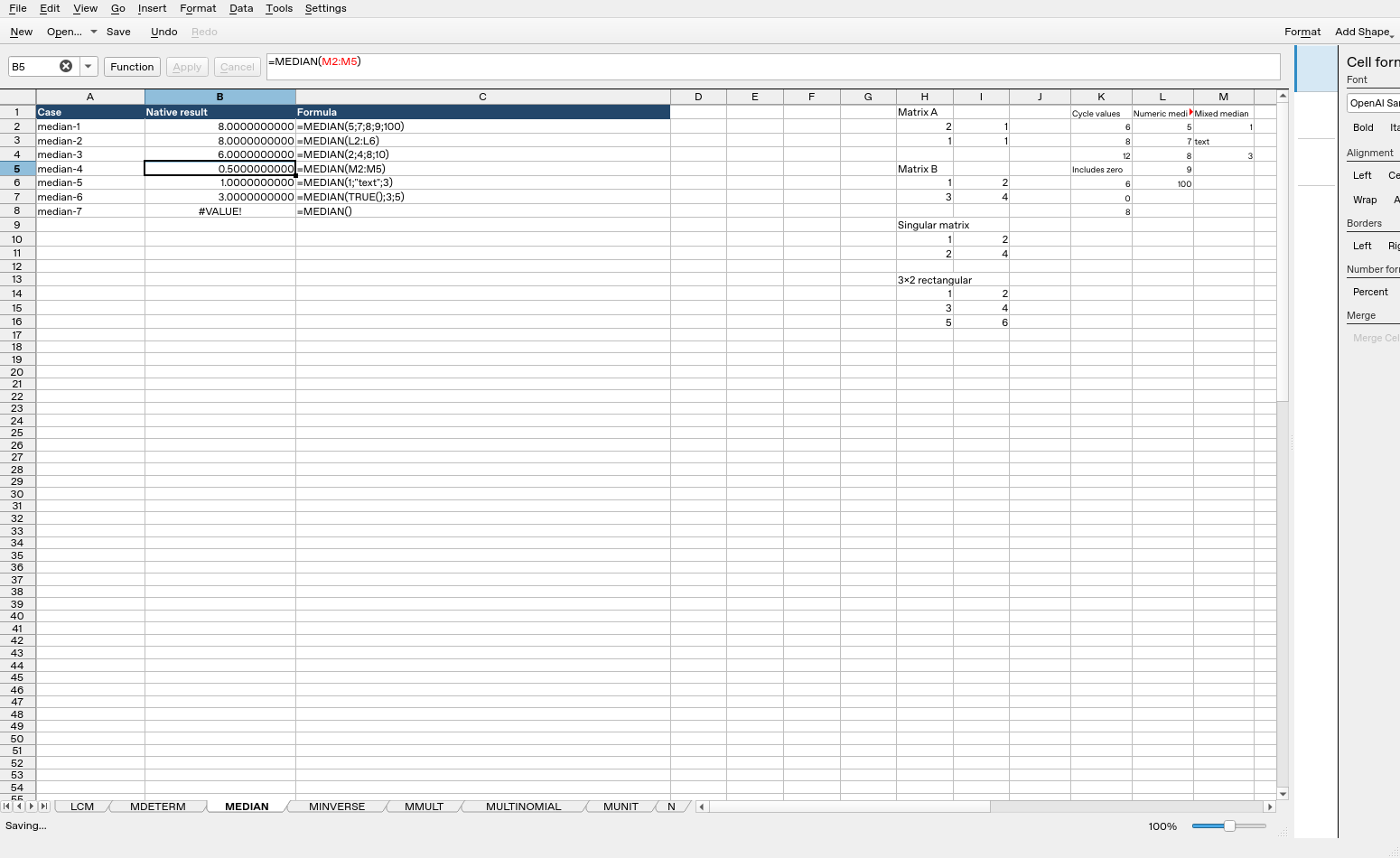 Calligra Sheets 25.04.2 showing MEDIAN formulas, input cells and native results