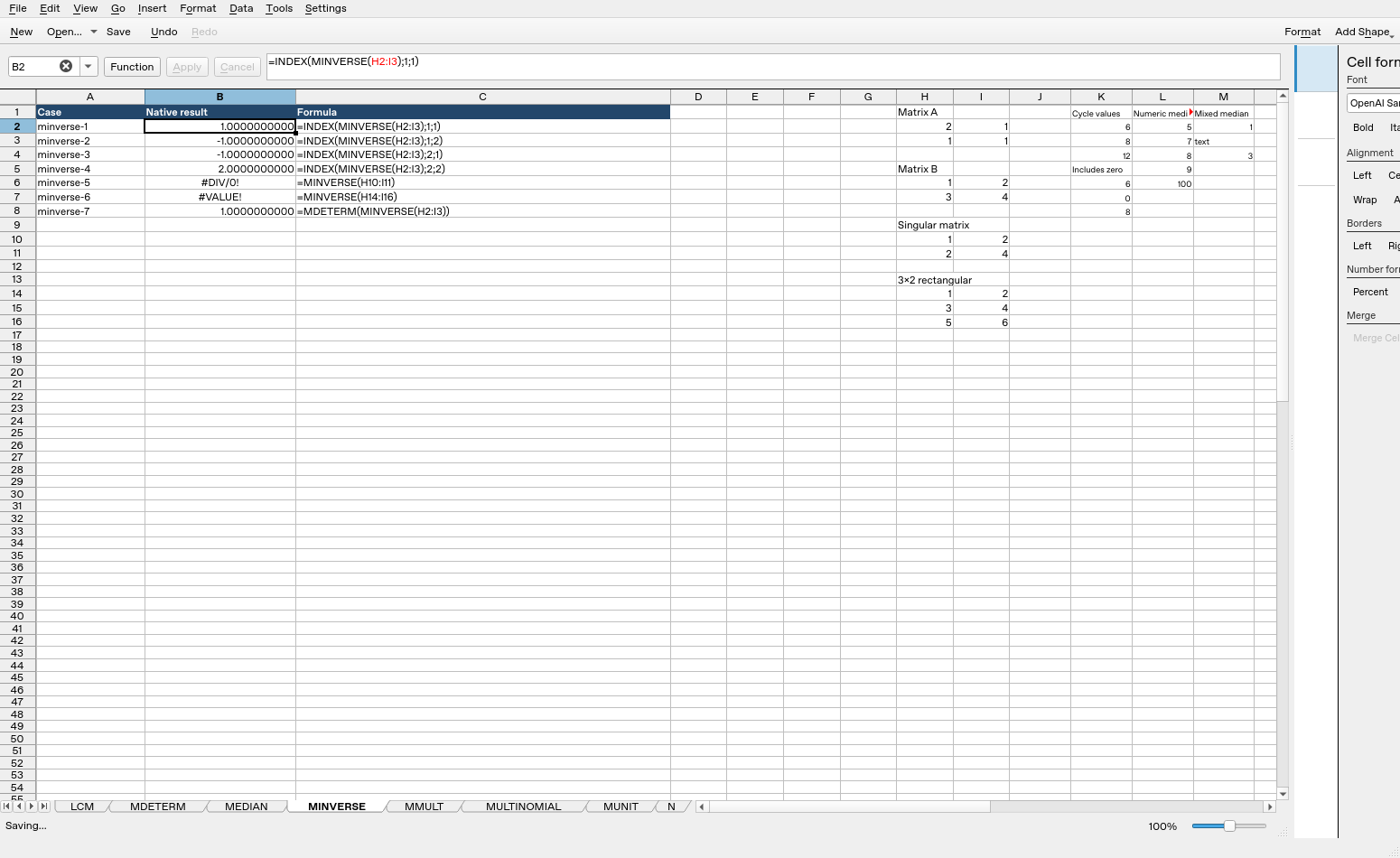 Calligra Sheets 25.04.2 showing MINVERSE formulas, input cells and native results