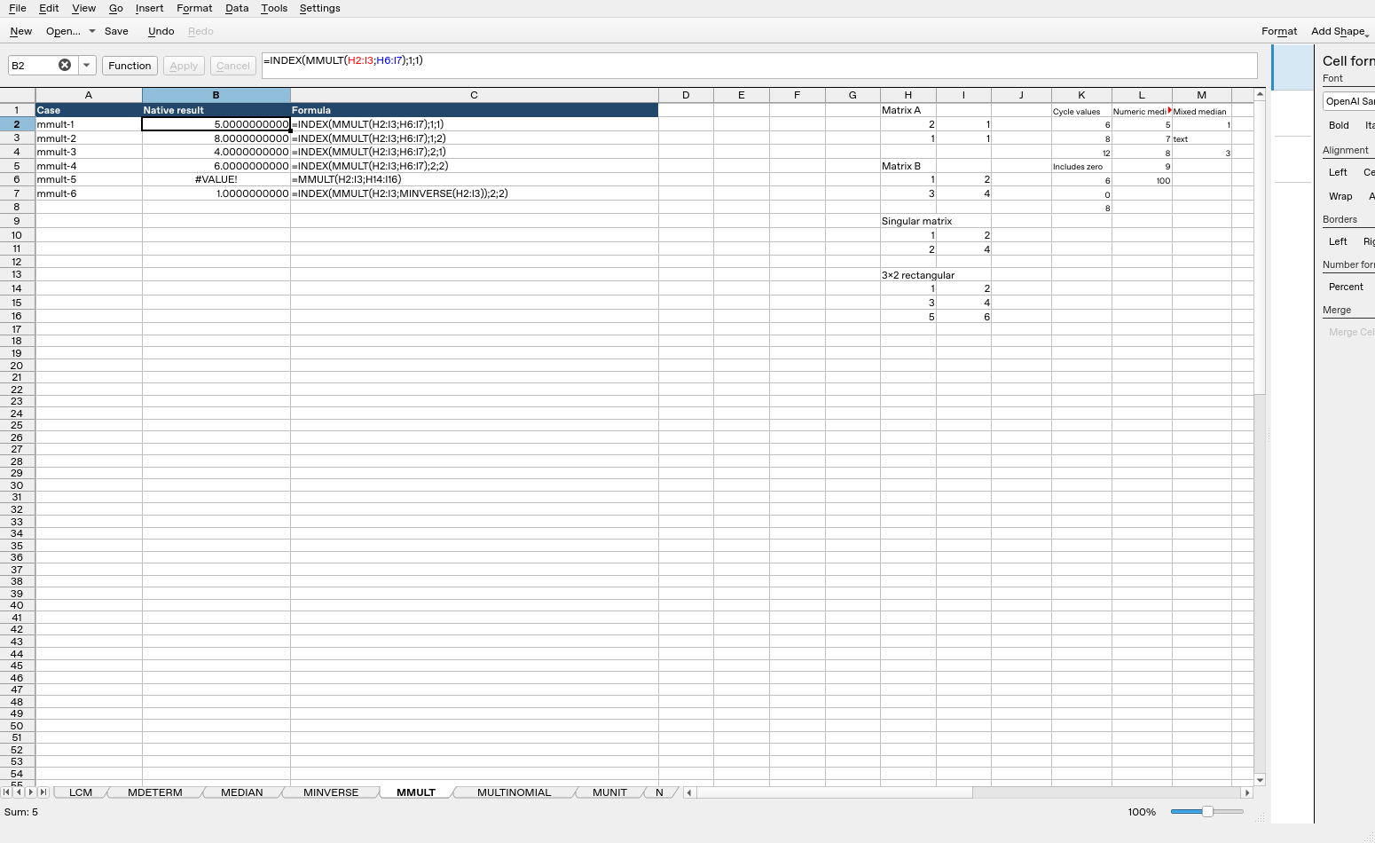 Calligra Sheets 25.04.2 showing MMULT formulas, input cells and native results