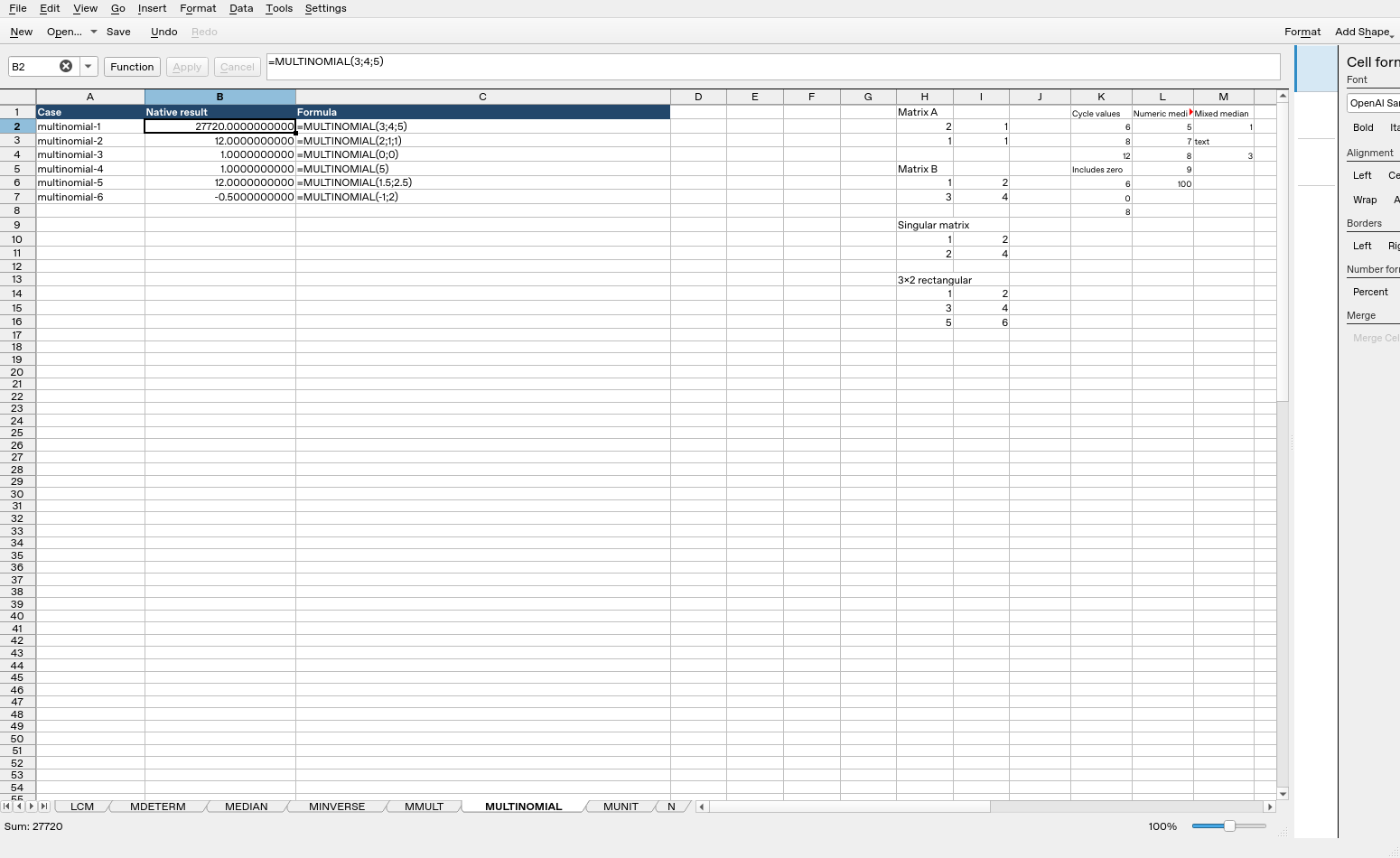 Calligra Sheets 25.04.2 showing MULTINOMIAL formulas, input cells and native results