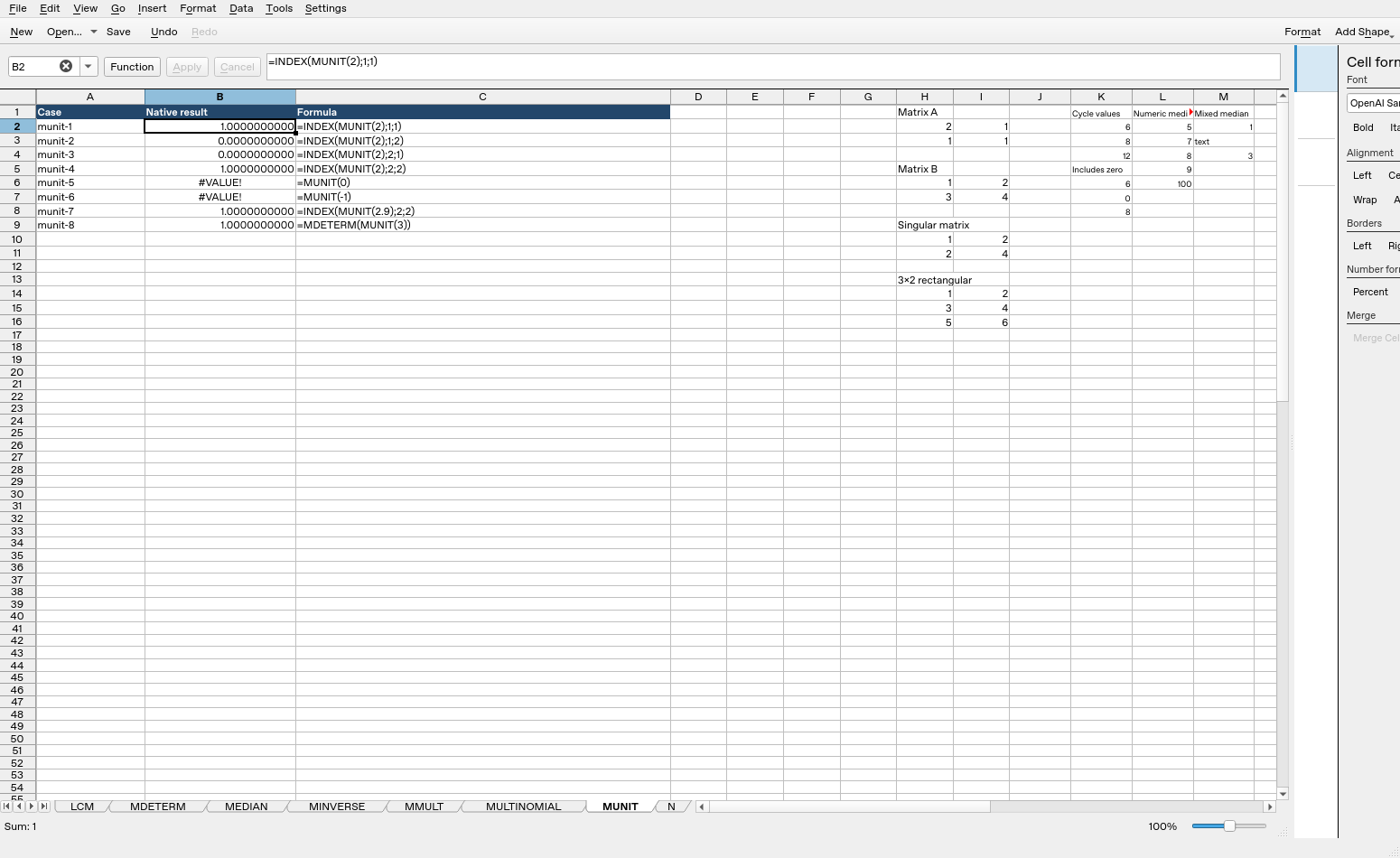 Calligra Sheets 25.04.2 showing MUNIT formulas, input cells and native results