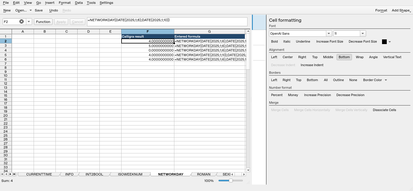 Calligra Sheets 25.04.2 NETWORKDAY worksheet with F2 selected and its formula bar visible