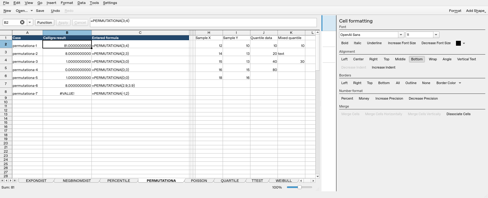 Calligra Sheets 25.04.2 showing PERMUTATIONA formula and calculated results