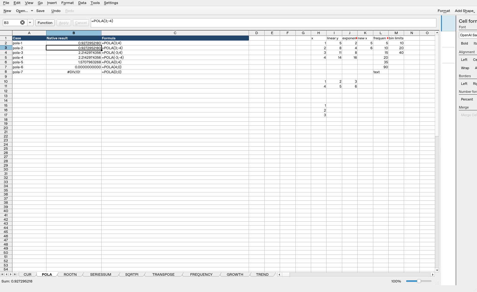 Calligra Sheets 25.04.2 showing POLA formulas and native calculated results