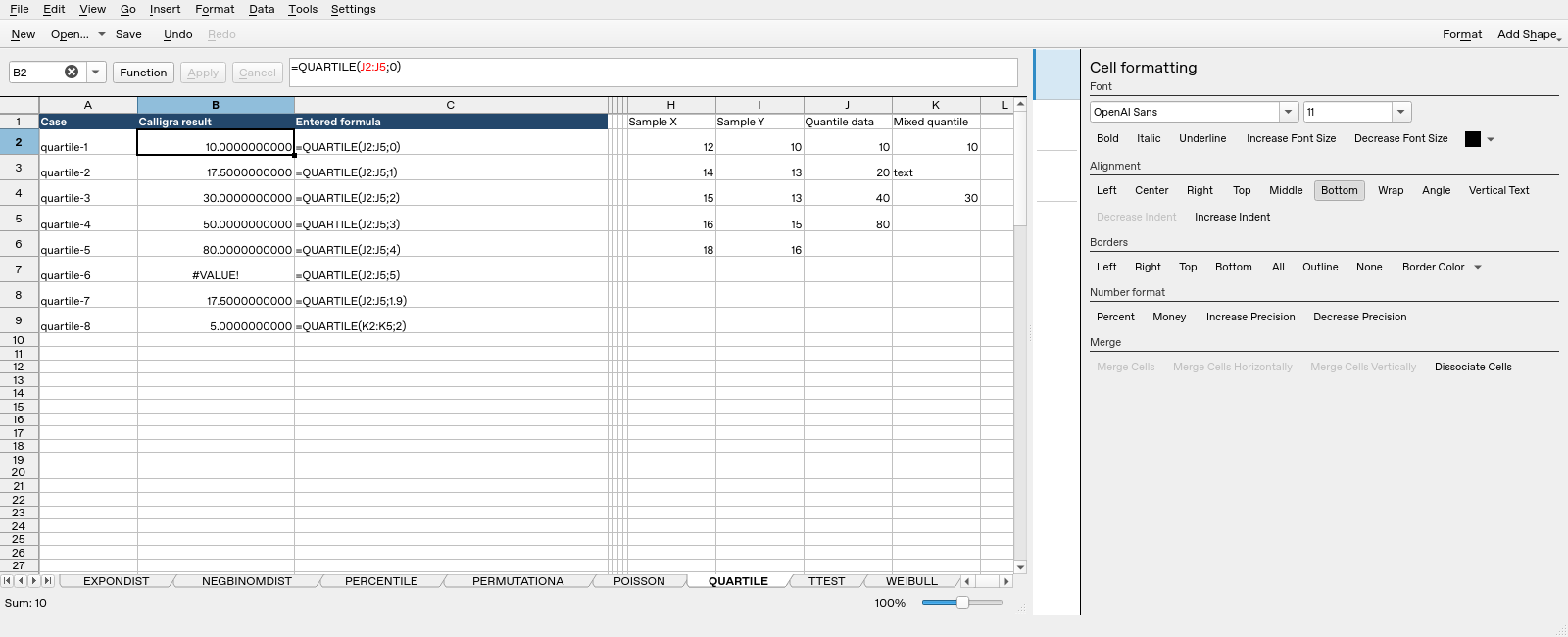 Calligra Sheets 25.04.2 showing QUARTILE formula and calculated results