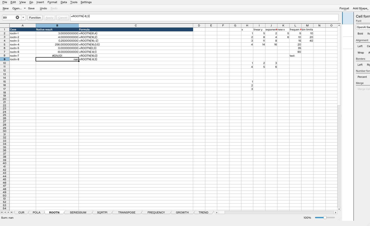 Calligra Sheets 25.04.2 showing ROOTN formulas and native calculated results