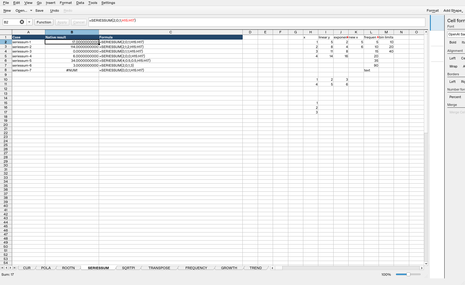 Calligra Sheets 25.04.2 showing SERIESSUM formulas and native calculated results