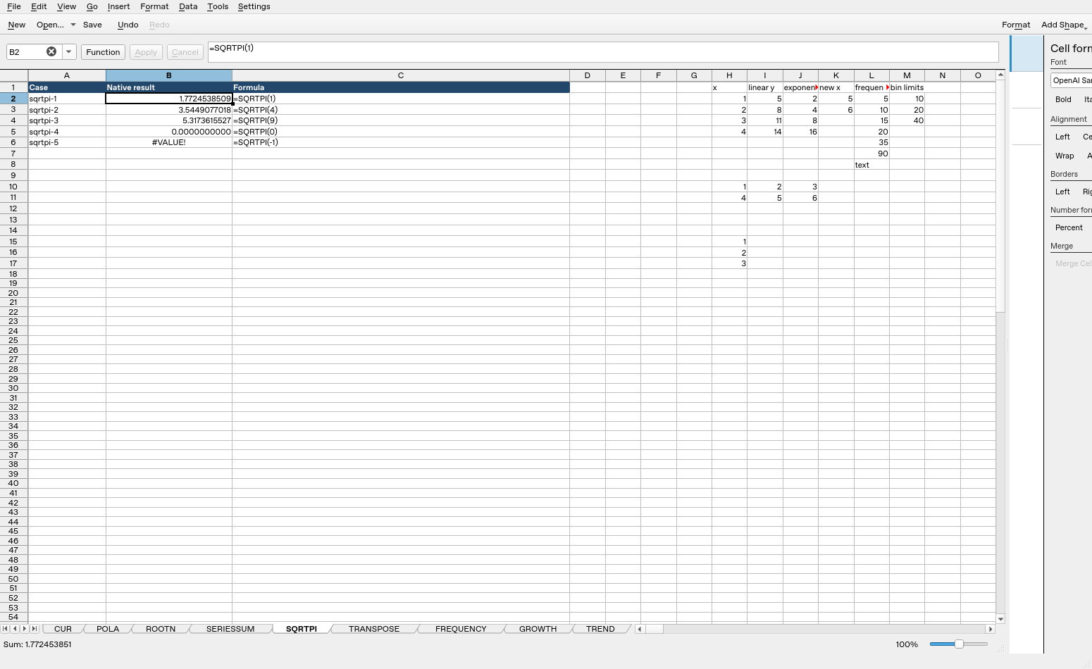 Calligra Sheets 25.04.2 showing SQRTPI formulas and native calculated results