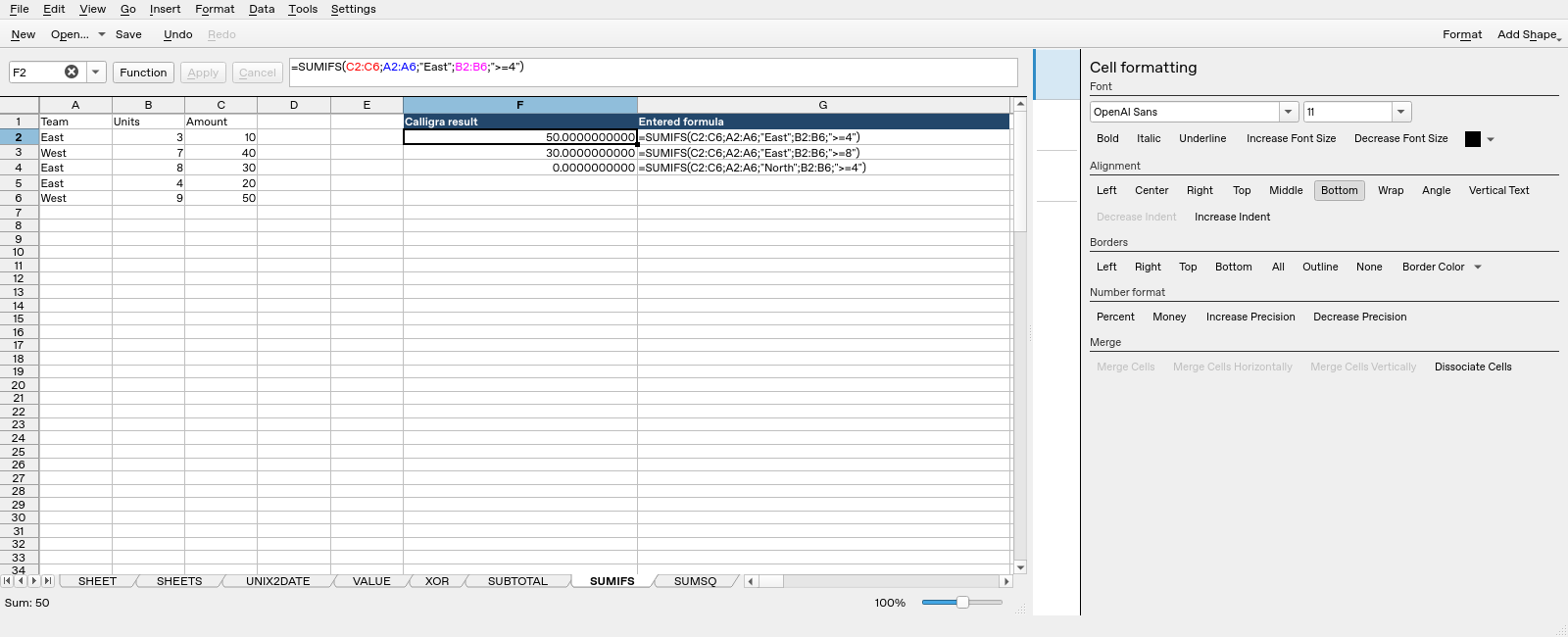 Calligra Sheets 25.04.2 SUMIFS worksheet with F2 selected and formula bar visible