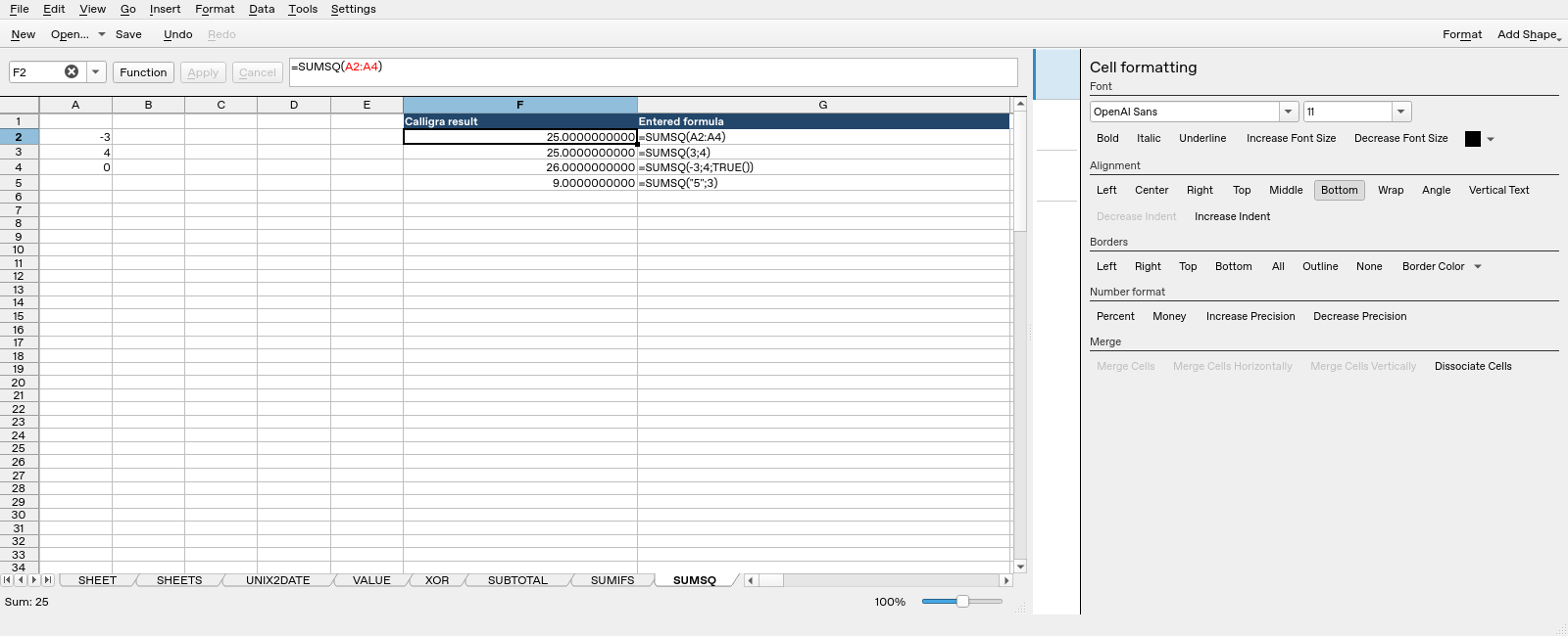 Calligra Sheets 25.04.2 SUMSQ worksheet with F2 selected and formula bar visible