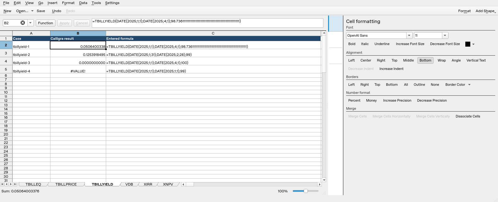 Calligra Sheets TBILLYIELD results with B2 selected, showing 0.0506400338