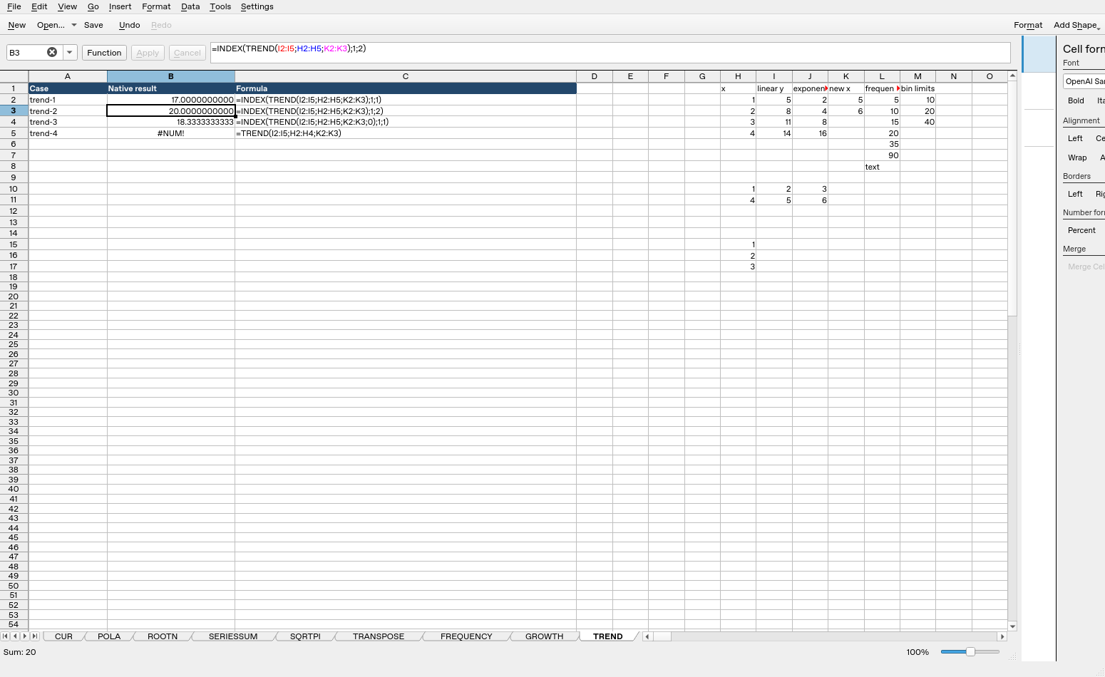 Calligra Sheets 25.04.2 showing TREND formulas and native calculated results