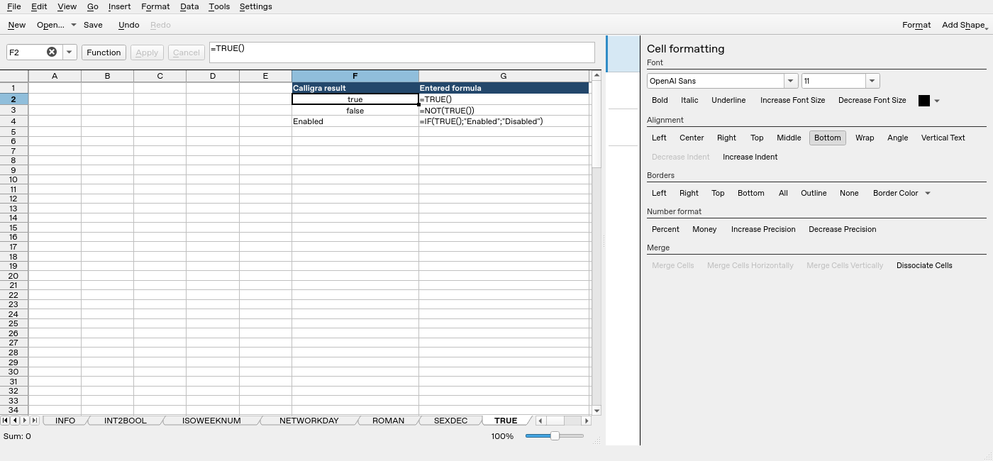 Calligra Sheets 25.04.2 TRUE worksheet with F2 selected and its formula bar visible