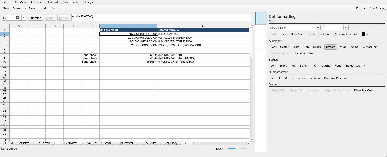 Calligra Sheets 25.04.2 UNIX2DATE worksheet with F2 selected and formula bar visible