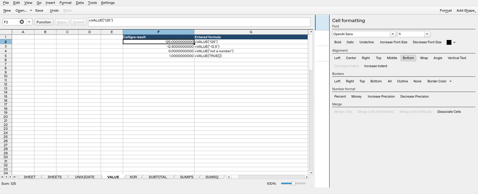 Calligra Sheets 25.04.2 VALUE worksheet with F2 selected and formula bar visible
