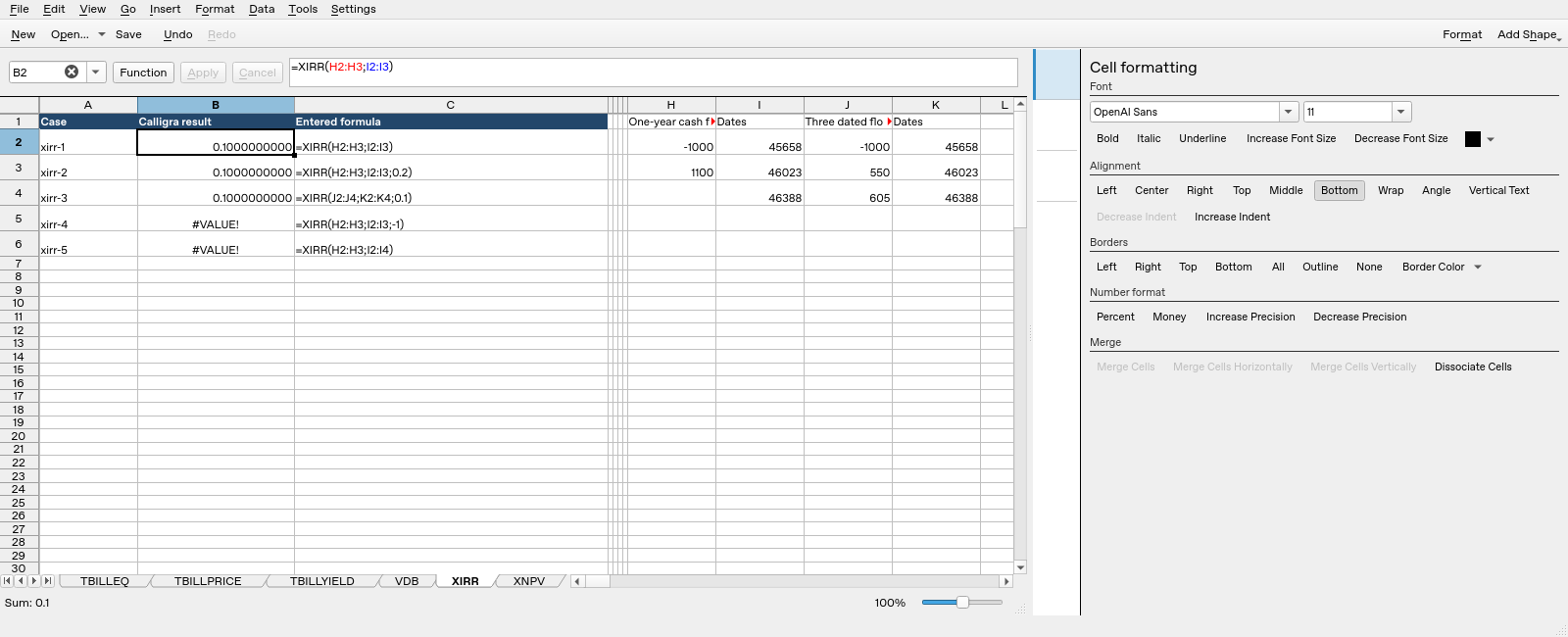 Calligra Sheets XIRR results with B2 selected, showing 0.1000000000