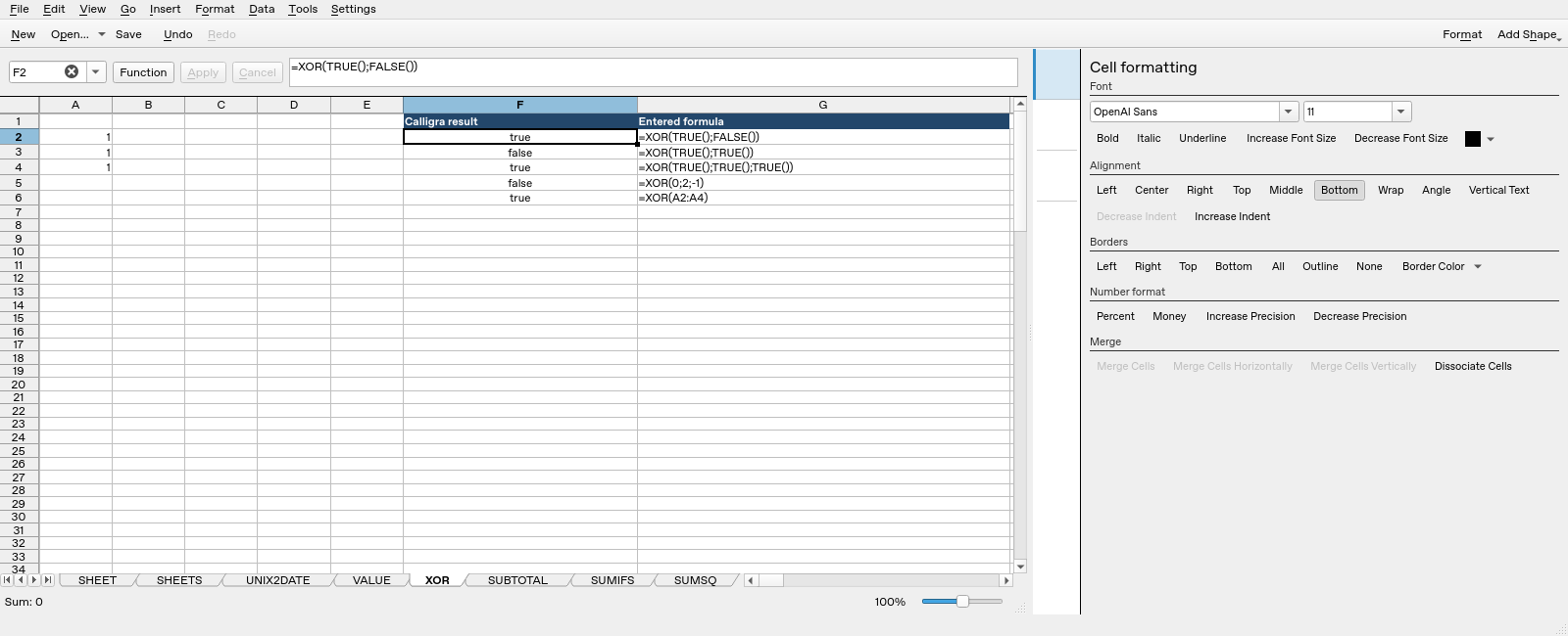 Calligra Sheets 25.04.2 XOR worksheet with F2 selected and formula bar visible