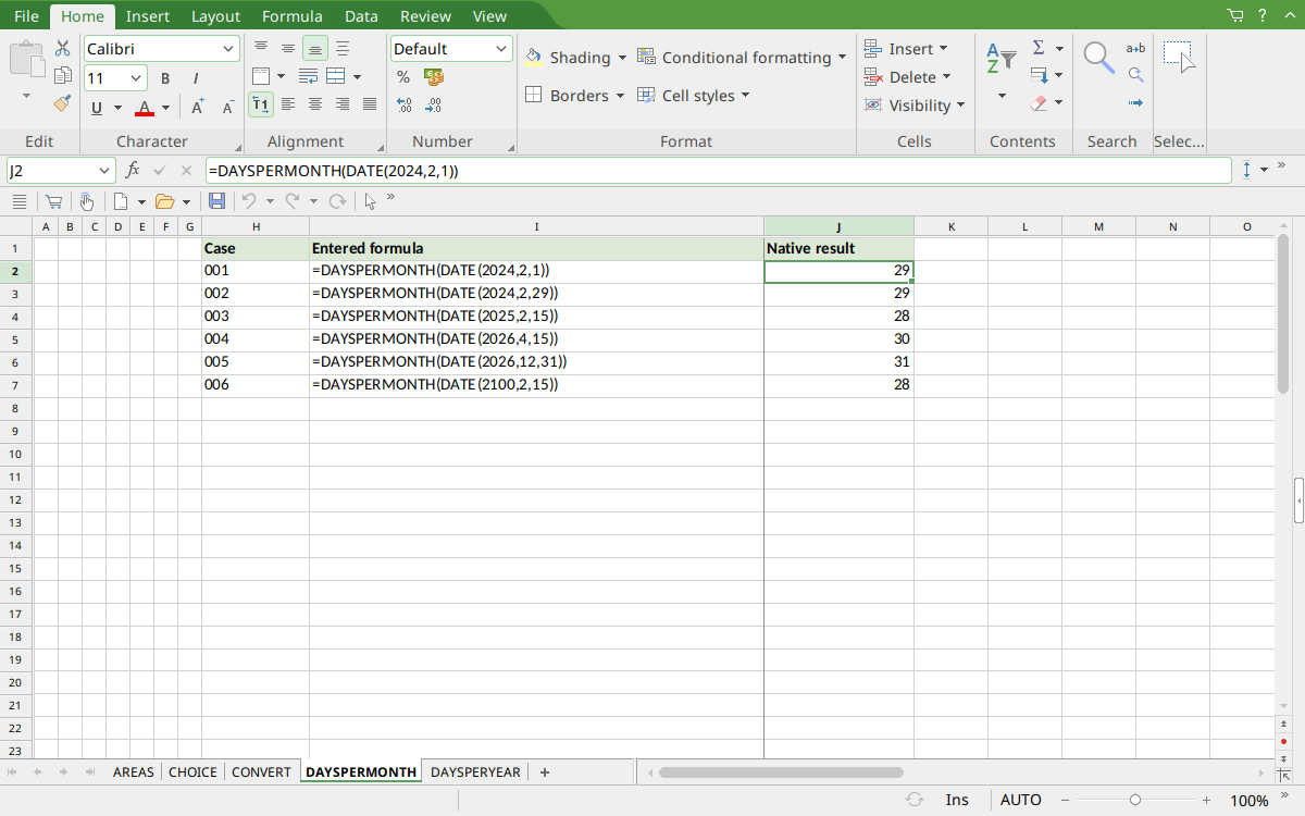 DAYSPERMONTH calculated results in FreeOffice PlanMaker 2024