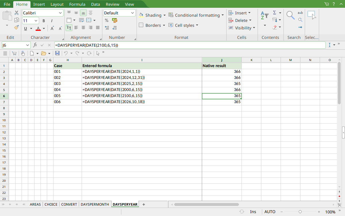 DAYSPERYEAR calculated results in FreeOffice PlanMaker 2024