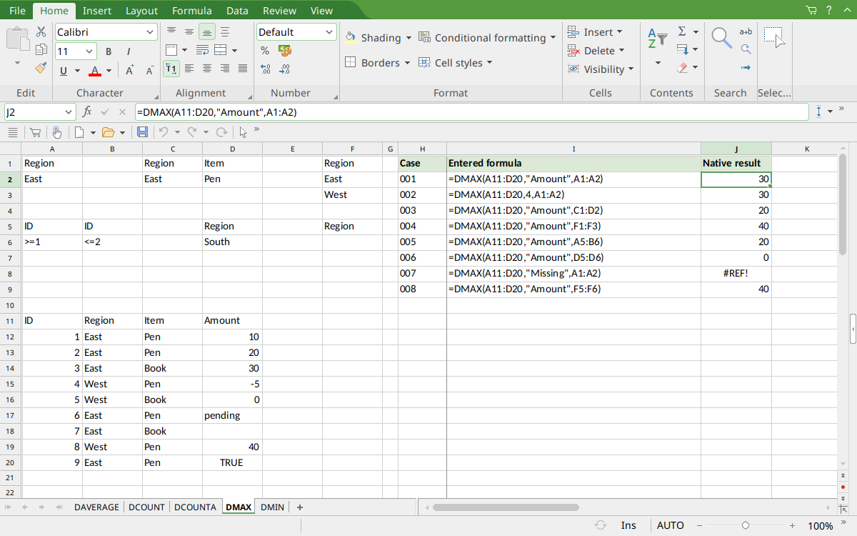 DMAX in PlanMaker with East criteria, the complete database, and selected result 30