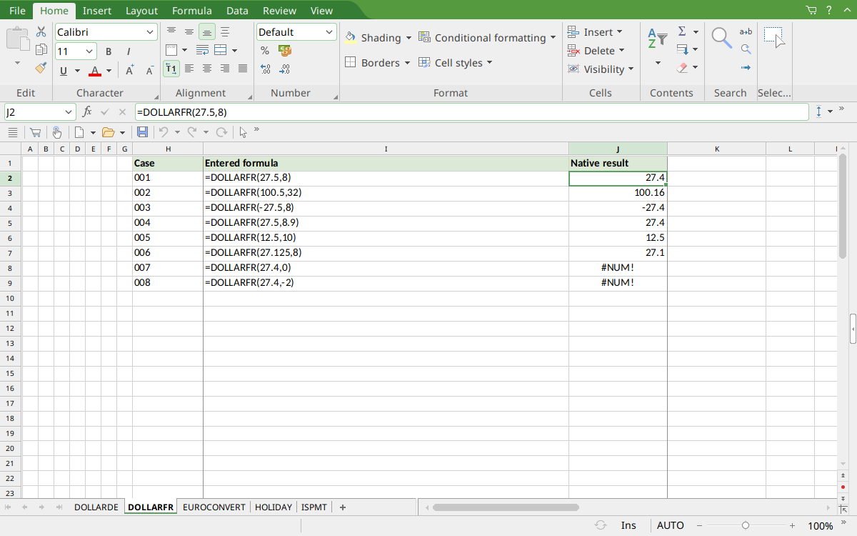 DOLLARFR selected in PlanMaker, converting 27.5 to the encoded quote 27.4