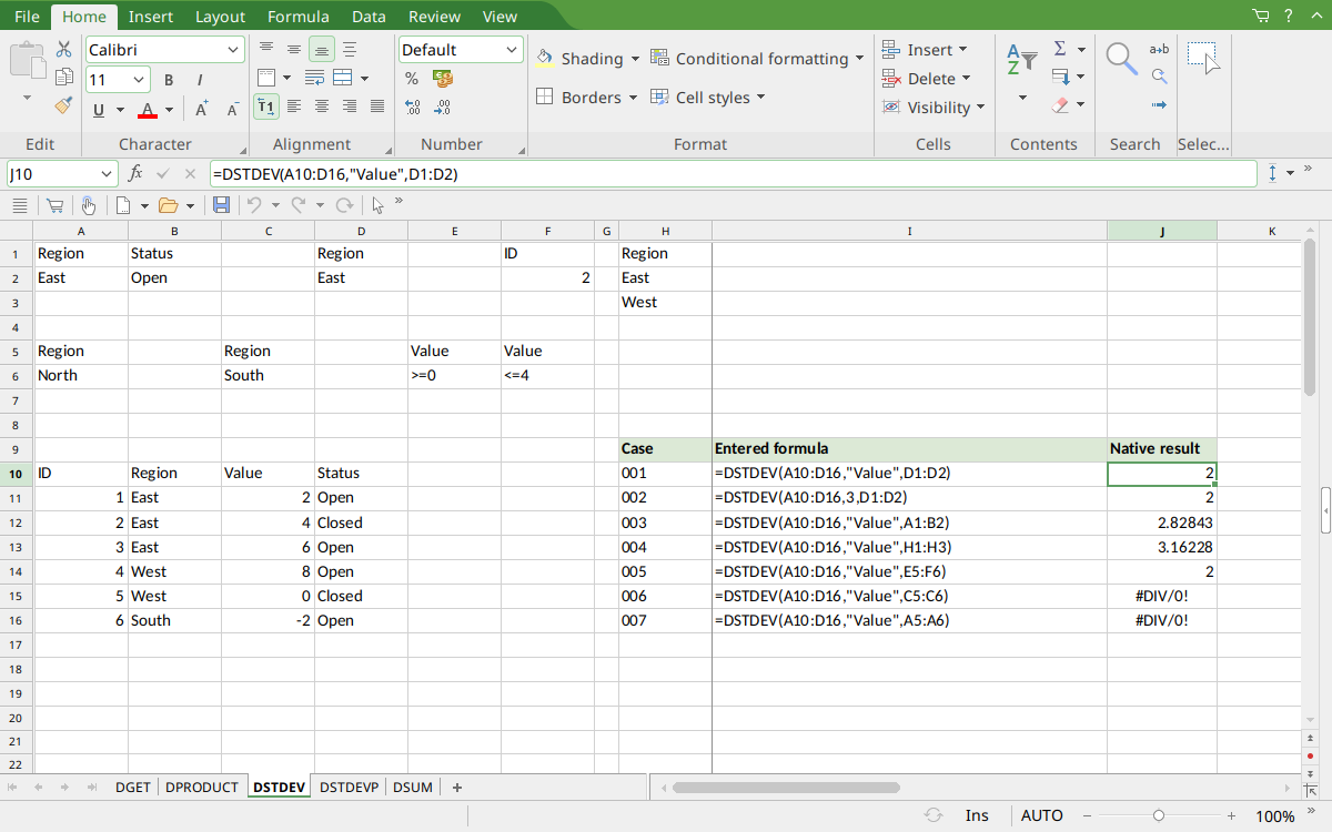 DSTDEV database results in FreeOffice PlanMaker 2024