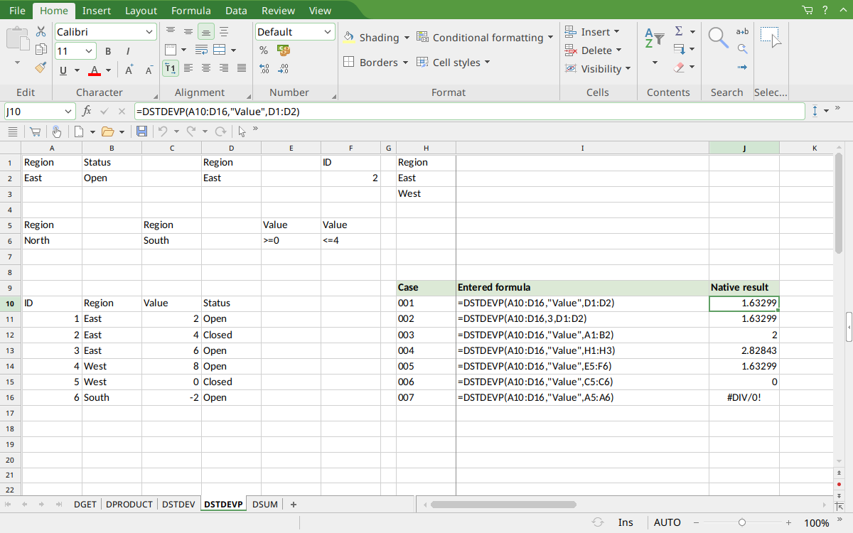 DSTDEVP database results in FreeOffice PlanMaker 2024