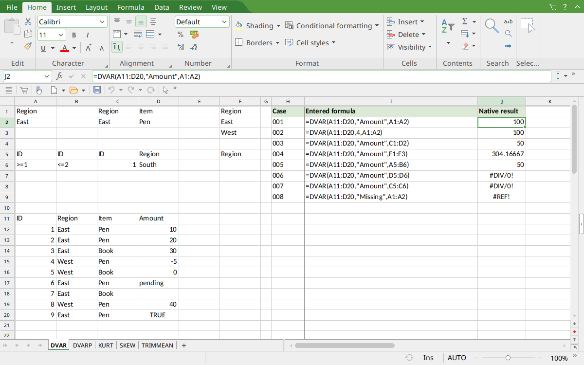 DVAR selected in PlanMaker with the input data visible and result 100